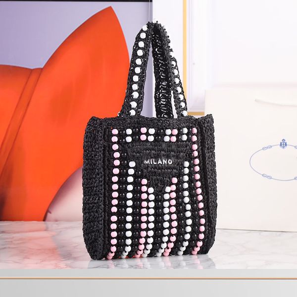 2023SS Neue Perlen-Einkaufstasche aus Stroh, kleine Einkaufstasche, modische Handtasche, 3 Farben, hochwertige Häkel-Strandtaschen, große Kapazität, ausgehöhlter Beutel