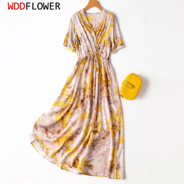 Повседневные платья Женщины на 100% шелковая шелковая шелковая шелковая бежевая цветочная сдача с печать