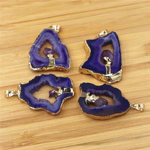Colares pendentes de forma irregular geode gates slice incrustado com ametistas naturais ponto elegante jóias de quartzo fabricação