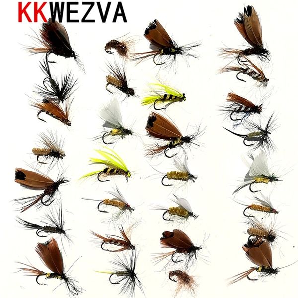 Ganchos de pesca kkwezva 30pcs atrair insetos de mosca de estilo diferente moscas de salmão de trutas iscas de mosca seca única 220830