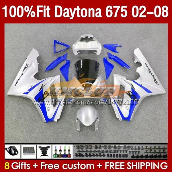 Обтекание плесени для инъекции для Daytona 675 675R 02 03 04 05 06 07 08 Bodys 148No.28 Daytona675 Daytona 675 R 2002 2003 2004 2005 2006 2007 2008 OEM Fairing Kit Blue Silver