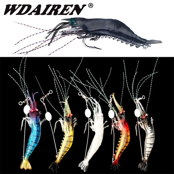 Angelhaken 5 teile/los Leuchtende Garnelen Silikon Weiche Köder Set 75mm 55g Wirbel Glow Haken Sabiki Rigs Angeln locken Künstliche Wobbler Tackle 220830