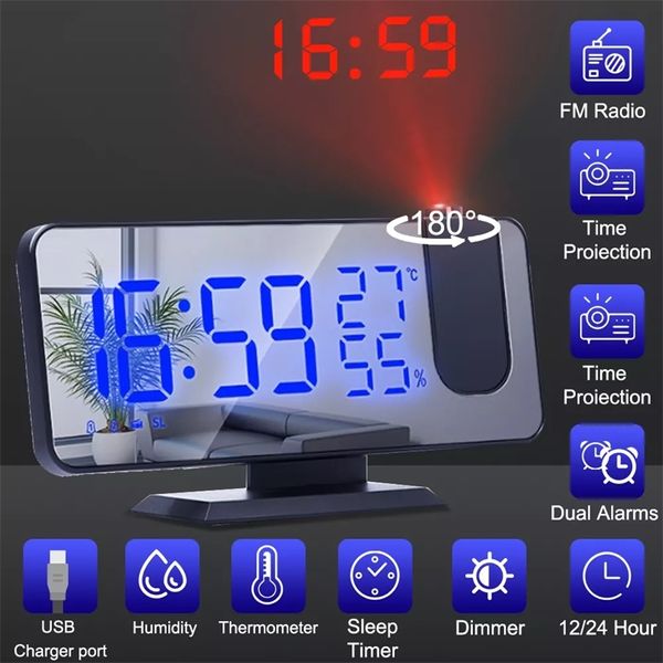 Orologi da parete LED Proiezione digitale Sveglia elettronica con radio FM Proiettore orario Camera da letto Muto 220830