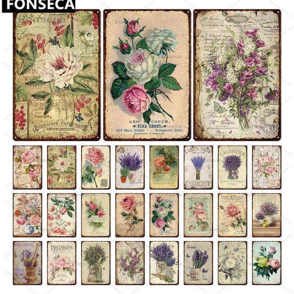 Pintura de metal flor flor metal poster placa vintage rosa rosa lavanda sinal de lata de lata de lata de lata de parede de parede para celeiro cozinha garagem ferro pintura t220829