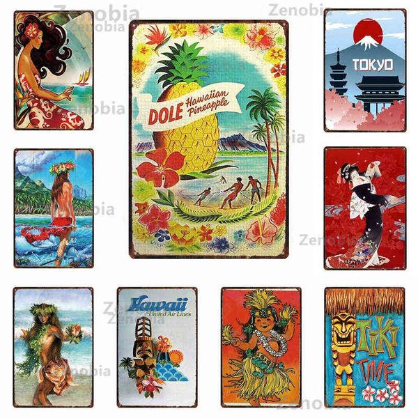 Metallmalerei Hawaii Tiki Time Beach Metallblechschild Wandkunst Shabby Dekorative Plakette Teller Reiselandschaft Tokoyo Party Vintage Lustige Dekoration T220829