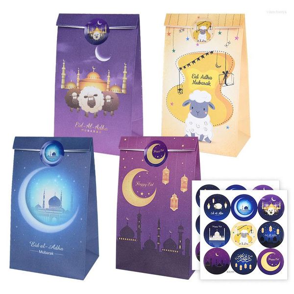 Hediye Sargısı 12 PCS Eid Mübarek Şeker Çantaları Çıkartma ile Stand Up Kağıt Torba Müslüman Ramazan Yemekleri Paketleme Mutlu Al-Fitr Etkinliği
