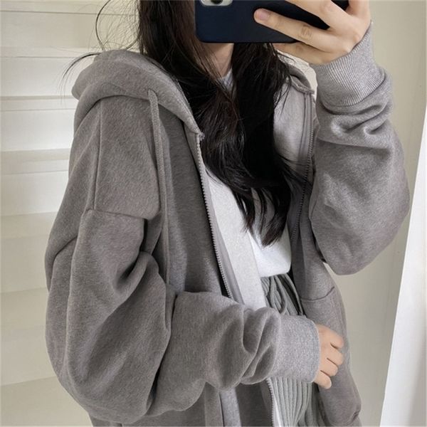 Jackets femininas Mulheres casuais moletom de tamanho grande feminino Draw String Sold Color Capeled Pocket Loose Zipper Harajuku Hoodies 220830