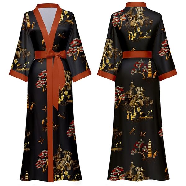 Frauen Robe Frühling Sommer Frauen Lange Kimono Bademantel Kleid Sexy Schwarz Print Nachtwäsche Nachthemd Lässige Halbarm Satin Hause kleid 220830