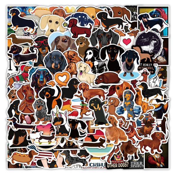 100 pçs Dachshund Adesivos Acessórios de skate à prova d'água Vinil Adesivo para cães para skate Bagagem para laptop Garrafa de água Decalques para carros Crianças Presentes Brinquedos