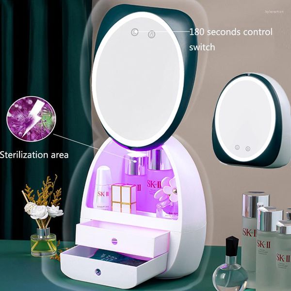 Kompaktspiegel, LED-Licht, Kosmetik-Aufbewahrungsbox, Spiegel, staubdicht, Desktop-Finishing, Hautpflege, Lippenstift, UV-Desinfektion