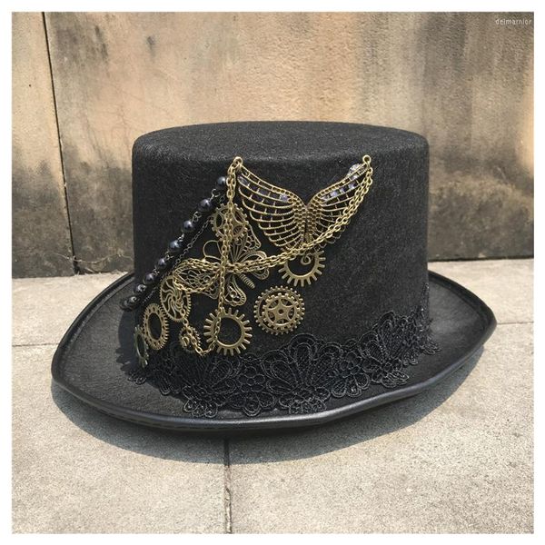 Berets High-End-handgefertigter Steampunk-Zylinder mit Metallgetriebe für Männer Frauen Magic Bowler Party Größe 57 cm