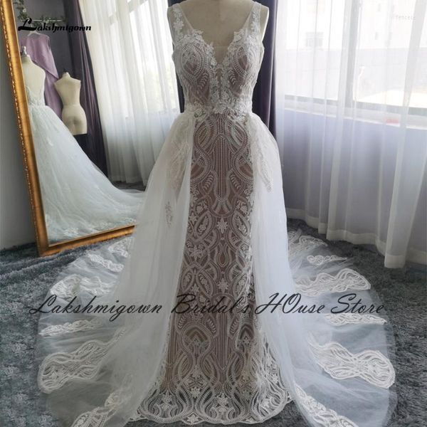 Abito da sposa di lusso Boho Abiti a sirena 2022 Vestido Princess Abito da sposa in pizzo 2 pezzi con strascico staccabile 100% reale