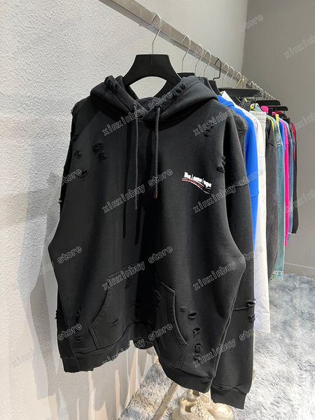 Xinxinbuy Designers Hoodies Men Women Sea Wave Print Paris Destruído Manga Longa Algodão Black Oversize XS-L