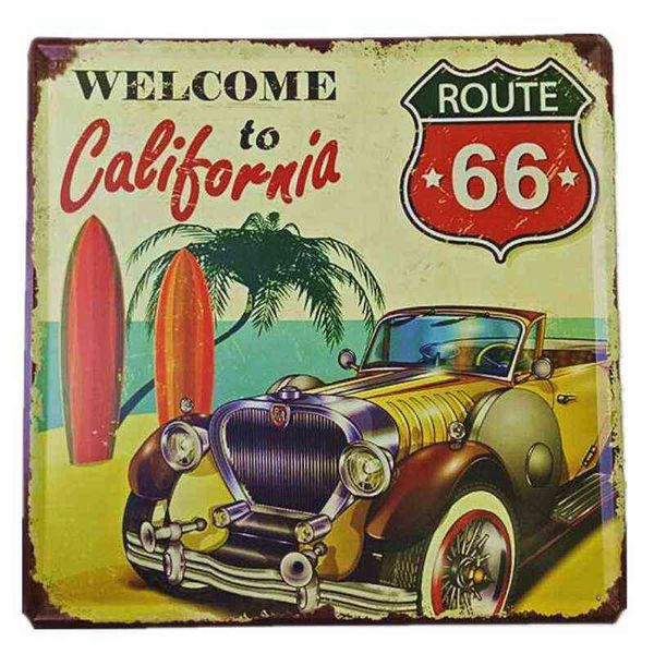 Metallgemälde „Welcome To California Vintage Car Route 66 Sea Palm Tree Pub Coffee Bar House Home Living Room Home Wall Decor T220829