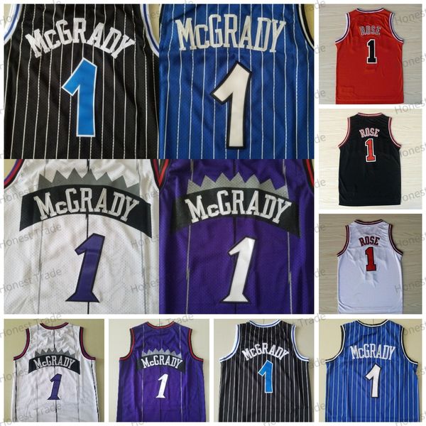 Retro-Basketballtrikot Derek Rose 1 Mcgrady Rot Schwarz genäht Hochwertige Throwback-Herrentrikots aus Mesh