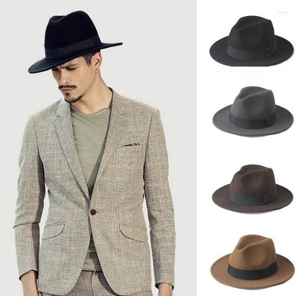Boinas 2 tamanho grande 100% de lã sentiu chapéu de fedora para o cavalheiro brim top cloche panamão sombrero tampa 56-58 59-61cm