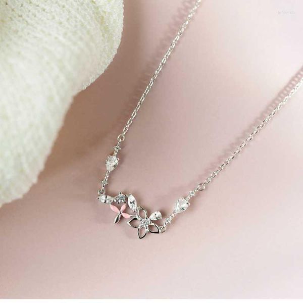 Anhänger Halsketten Süße Schöne 925 Sterling Silber Frische Blume Halskette Glatt Glänzend Zirkon Sakura Hohl Feminine Mode Schmuck Geschenk