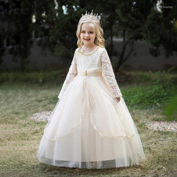 Mädchenkleider Prinzessin Champagner Spitzenkleid für Geburtstag Hochzeit Party Kleid Tüll Tutu Ballkleid Kinder Langarm Brautjungfernkleider