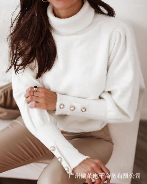 Malhas femininas suéter feminino 2022 outono e inverno pêlo branco gurtleneck de cor sólida casual top