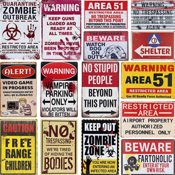 Metal Painting Warning Zombie Poster Danger Vintage Targhe in metallo Attenzione al cane No Parking No Trespassing Metal Plate Garden Home Wall Decor T220829