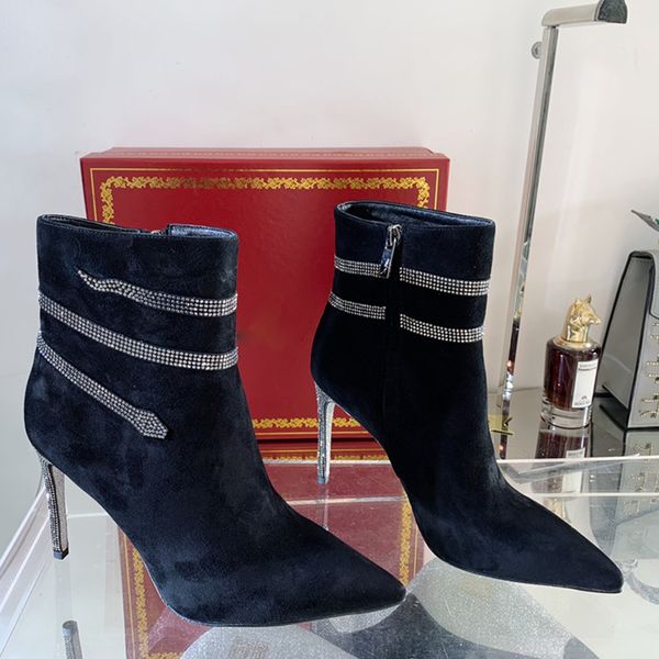 Cashmere Botas de tornozelas Moda Crystal Rhinestone Serpentine Winding Sapatos Ladies Sapatos de alta qualidade Botas de luxo de luxo Boot de luxo Boot 35-42