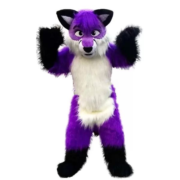 Costumi mascotte Capelli lunghi Viola Husky Fox Dog Costume mascotte Cartone animato di alta qualità Peluche Animale Personaggio a tema Anime Formato adulto Carnevale di Natale