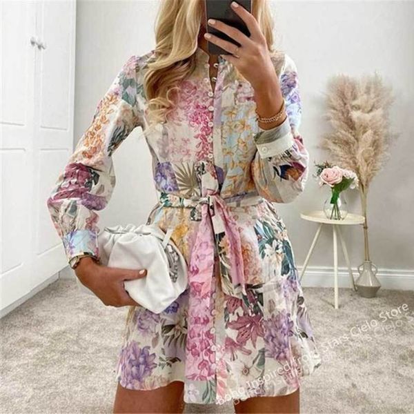 Abiti casual BOHO ISPIRATO STAMPA FLOREALE MULTICOLORE ABITO estivo donna bottoni con cintura manica lunga donna abito elegante abito da donna 0830