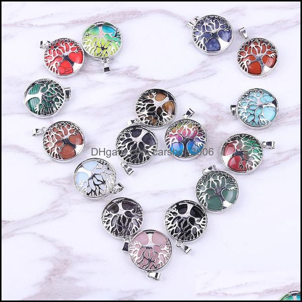 Anhänger Halsketten Naturstein Hohler Baum des Lebens Anhänger Rosa Tigerauge Heilkristall Charms Rosenquarz Für Halskette Schmuck M Dhlru