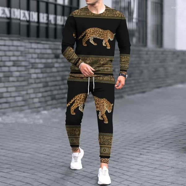 TRABALHOS MENINOS 2022 Moda Moda Menns Sportswear Suit Sweater 3d Cheetah Sweater Sweater Slim Tshirt calças 2 sets de esportes casuais