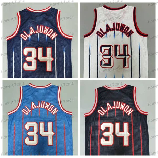 34 Hakeem Olajuwon Retro-Basketball-Trikot, genähtes Retro-Trikot für Herren, Mesh, Blau, Weiß, Schwarz, weicher Stoff