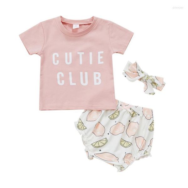 Set di abbigliamento Neonate neonate 3 pezzi Pantaloni estivi Completo a maniche corte Lettere O-Collo Top con volant Triangolo limone Set fascia per capelli