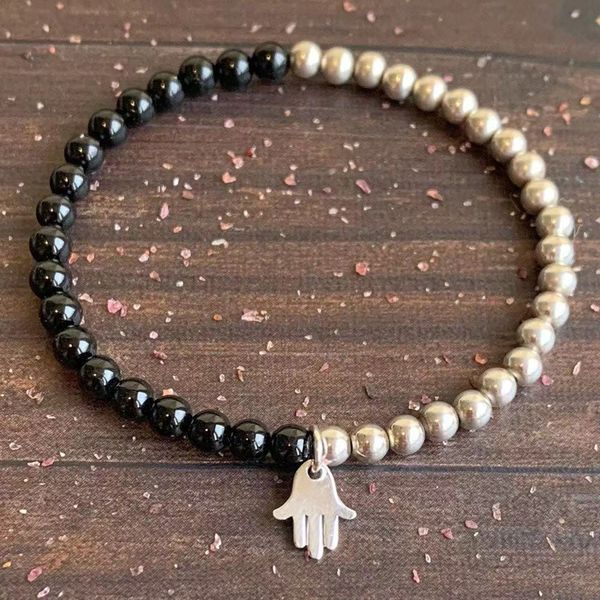 MG1595 Strang 4 mm schwarzer Turmalin mit Sterlingsilber-Armband, Hamsa-Charm, Energieschutz, Mini-Mala-Armband