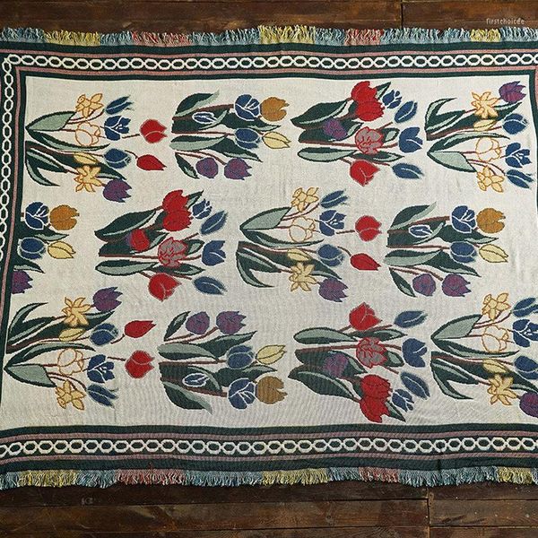 Coprisedia 100% filo di cotone stile europeo fiori bohémien lavorato a maglia divano per il tempo libero coperta copriletto singolo matrimoniale