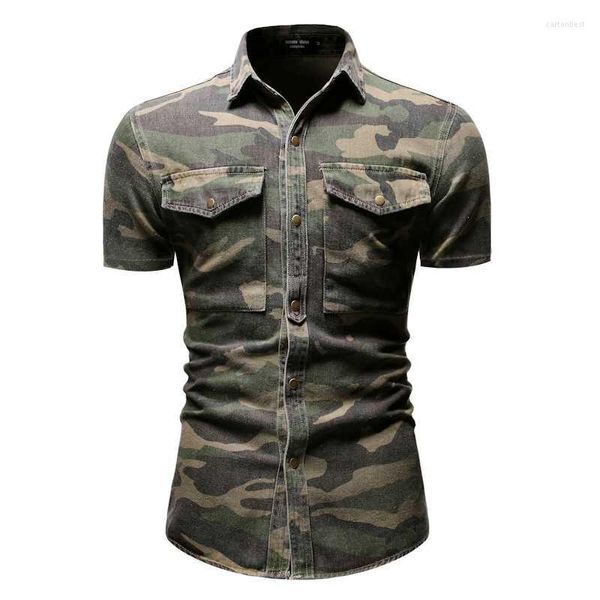 Herren-Freizeithemden, schöner Frühling, bedrucktes Herrenhemd, Vintage-Camouflage-Denim, große Tasche, lose kurzärmelige Herrenhemden