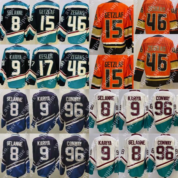 46 Trevor Zegras Forması 15 Ryan Getzlaf 17 Ryan Kesler 8 Teemu Selanne 9 Paul Kariya 96 Charlie Conway Hokey Formaları Siyah Turuncu