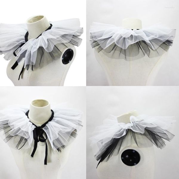 Papillon Donna Rinascimentale Tulle Collare finto arruffato Strati Nero Bianco Maglia Pagliaccio Girocollo Nastro con lacci Collo vittoriano Scialle con volant Cos