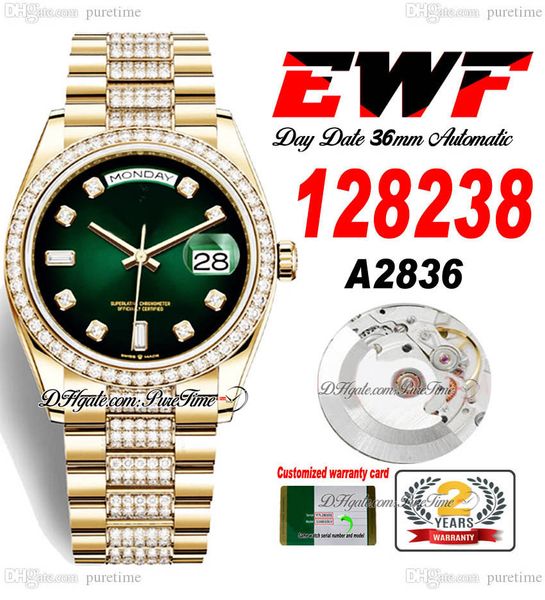 EWF -Tag Datum 128238 A2836 Automatisch Unisex Watch Mens Ladies 36 mm Yg Green Dial Diamonds Fall und Präsidentschaftsarmband gleiche Seriennerkarte Super Edition Rein Edition F6