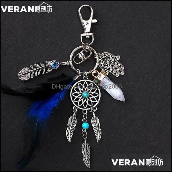 Portachiavi Dream Catcher Portachiavi Piuma blu Nappa Mano di Hamsa Evil Eye Portachiavi Per auto da parete Decor appeso Amet Boho Gioielli Drop D Dhmnf