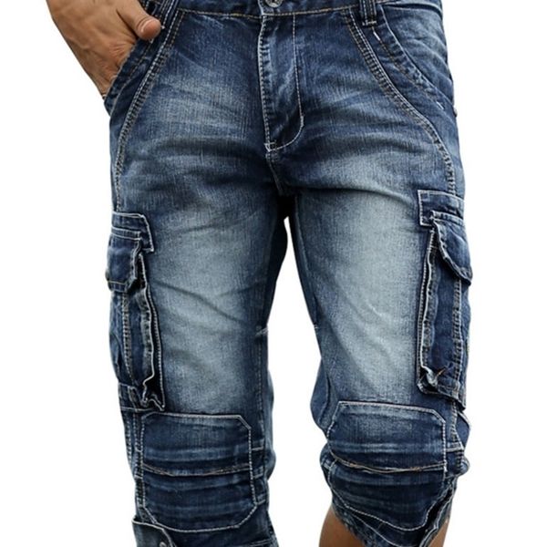 Mens jeans verão retro carga denim shorts vintage ácido lavado desbotado multibolsos estilo militar biker curto para homens 220831