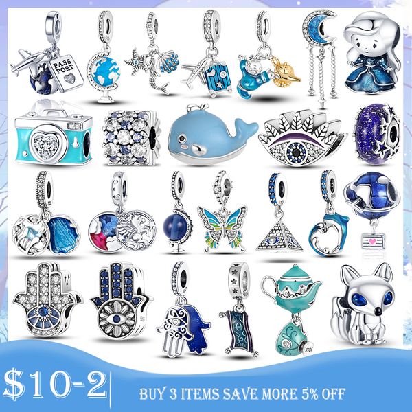 925 branello di fascino d'argento adatto Pandora Charms Bracciale Colore Volpe Gufo Globo terrestre Blu Charms Clip ciondoli Gioielli fai da te con perline fini