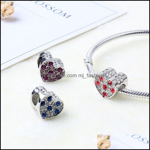 Silber passt für Pandora-Armbänder 20 Stück Herz Lila Blau Rot Kristall Silber Charms Armband Perlen für Schmuckherstellung 289C3 Drop D Mjfashion Dhfg9