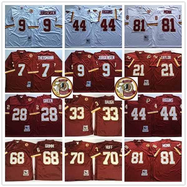 Jersey Vintage Washington # 44 John Riggins Redskin 9 Jurgensen 7 Joe Theismann 28 Darrell Green 68 Russ Grimm 81 Art Monk 50th Camisas de futebol