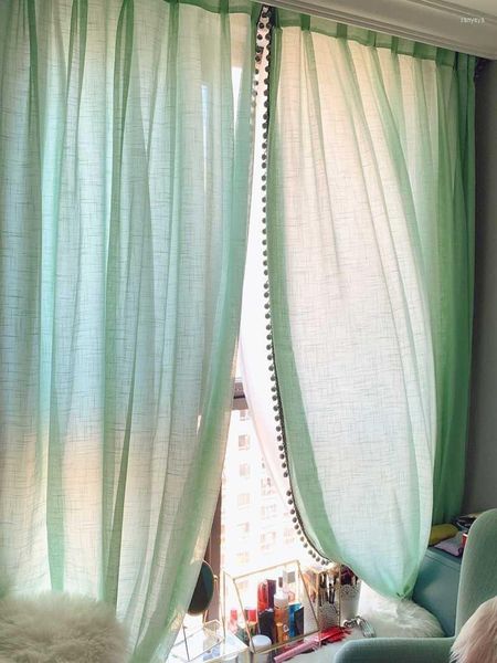 Cortina de cortina de linho de linho de algodão verde de cortina para sala de estar, tecidos de cor pura de cor de gaze personalizada fios de casamento