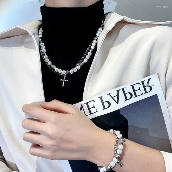 Подвесные ожерелья винтажный поперечный двойной слой титановый сталь, отражающая жемчужная цепь, бисера, для женских ювелирных украшений моды