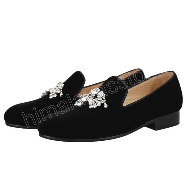 Herren-Loafer aus schwarzem Samt mit weißer Strass-Kettenschnalle, handgefertigte Slip-On-Smoking-Hausschuhe für Party und Hochzeit