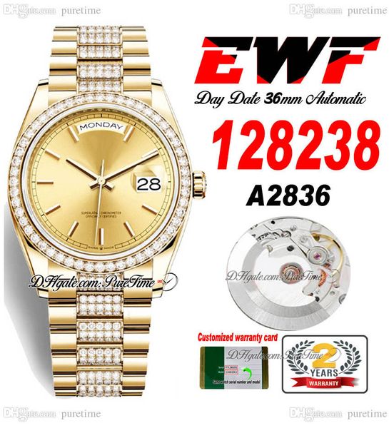 EWF Day Date 128238 A3255 Orologio automatico unisex Uomo Donna 36 YG Quadrante in oro Stcik con diamanti Cassa e bracciale presidenziale Stessa scheda seriale Super Edition Puretime E5