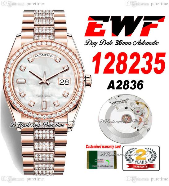 EWF Day Date 128235 A2836 Orologio automatico unisex Uomo Donna 36 oro rosa Quadrante MOP Diamanti Cassa e bracciale presidenziale Stessa scheda seriale Super Edition Puretime A1