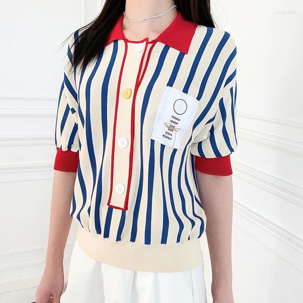 Женские футболки женский женский топ модельер с коротким рукавом элегантная улыбка синяя полосатая контрастная цветовая вязаная вязаная 2022