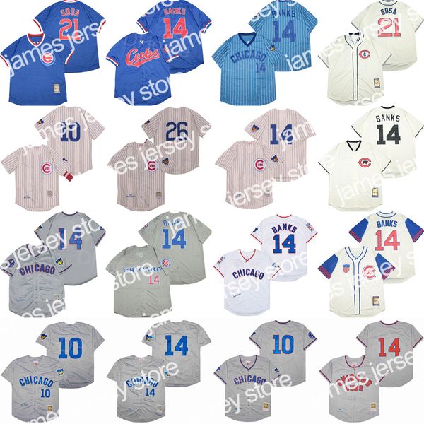 Camisas de beisebol 1916 1942 1968 1900 Retro Vintage Baseball 21 Sammy Sosa Jersey 14 Ernie Banks 26 Billy Williams 10 Ron Santo Pinstrripe Blue Grey azul cinza