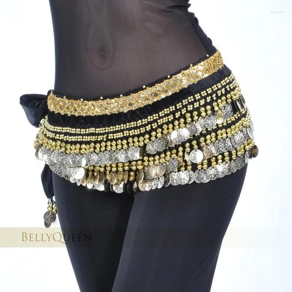 Creia da dança da barriga de roupa de fantasia Cinturão da cintura da cintura Lenço de quadril Mulheres meninas com 338 moedas de ouro 13 policiais